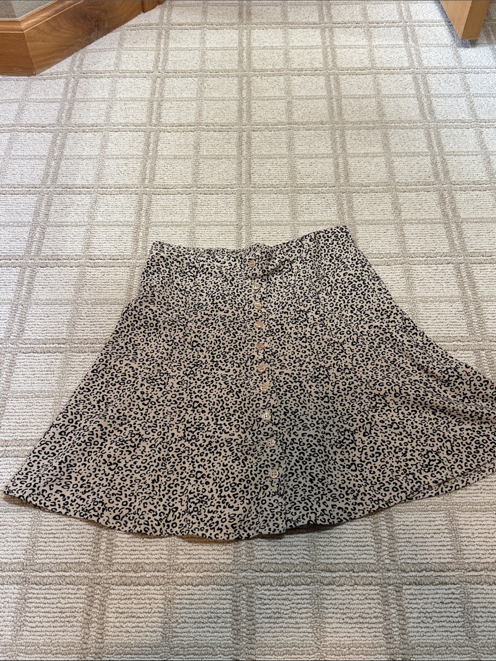 Beige Leopard Print Button-Front Skater Skirt